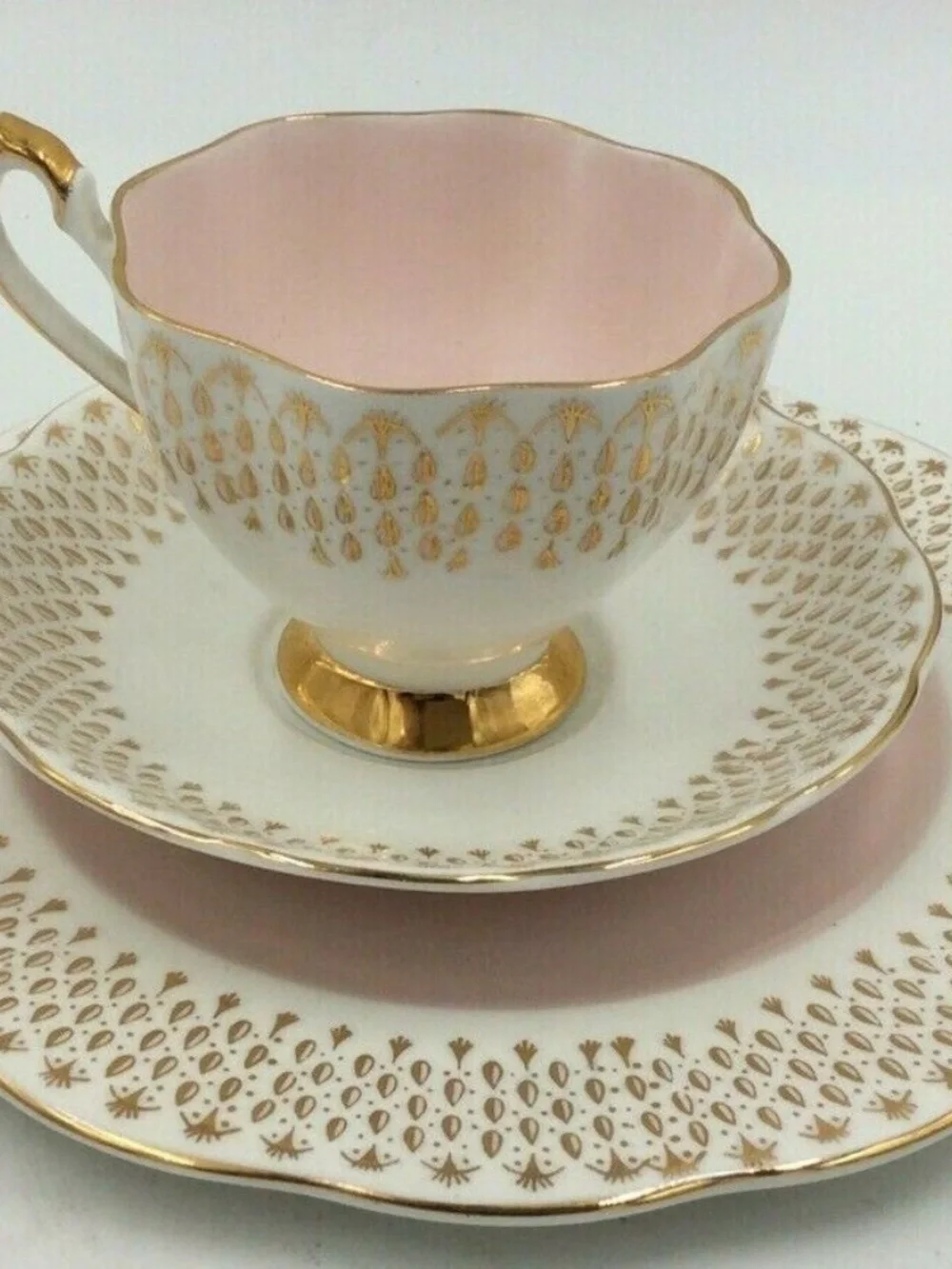 Queen Anne England Bone China Pink & Gold Tea Trio Cup Saucer Plate